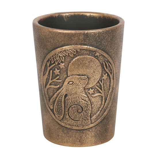 Antique-bronze effect terracotta planter with Moon-Gazing Hares artwork, designed by Lisa Parker.