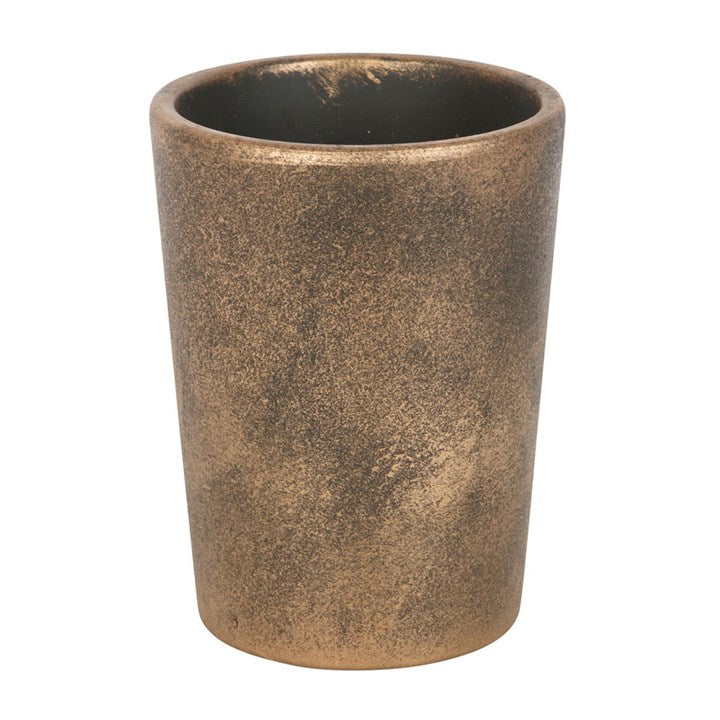 Antique-bronze effect terracotta planter with Moon-Gazing Hares artwork, designed by Lisa Parker. Reverse View.