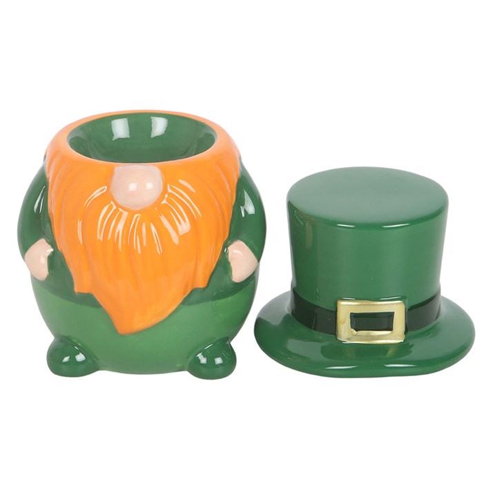 Green leprechaun style scandi gonk shaped wax melter and oil burner with removable hat.