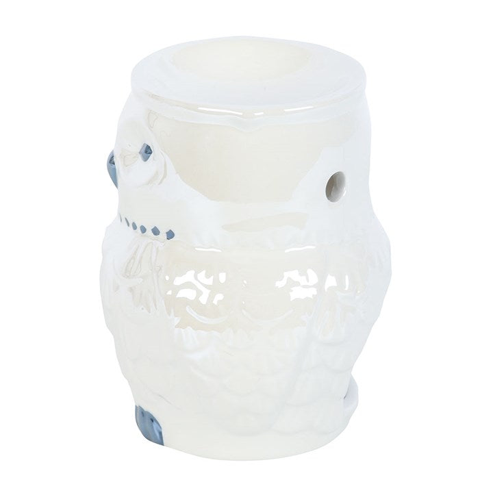 Ceramic iridescent owl shaped wax melter and oil burner. 