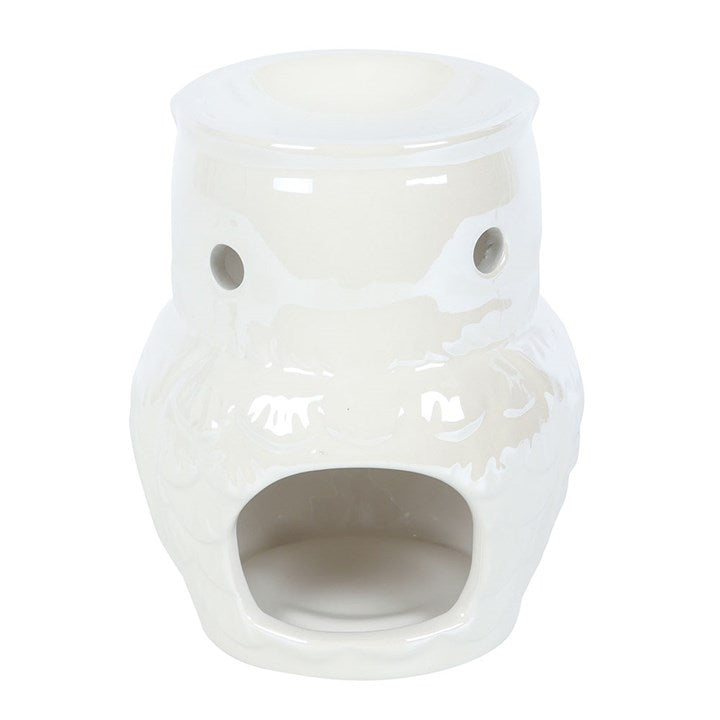 Ceramic iridescent owl shaped wax melter and oil burner. Reverse view.