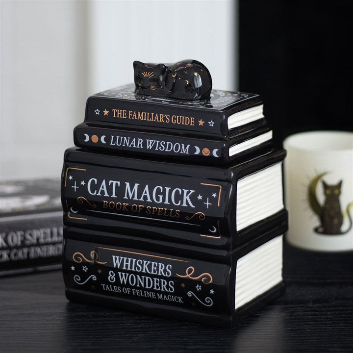 Wax melter and oil burner shaped like a stack of gothic books with a sleeping-cat detailed lid. 