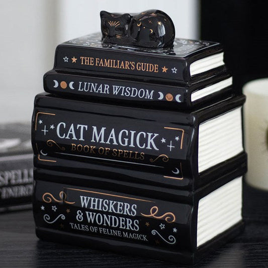 Wax melter and oil burner shaped like a stack of gothic books with a sleeping-cat detailed lid. 