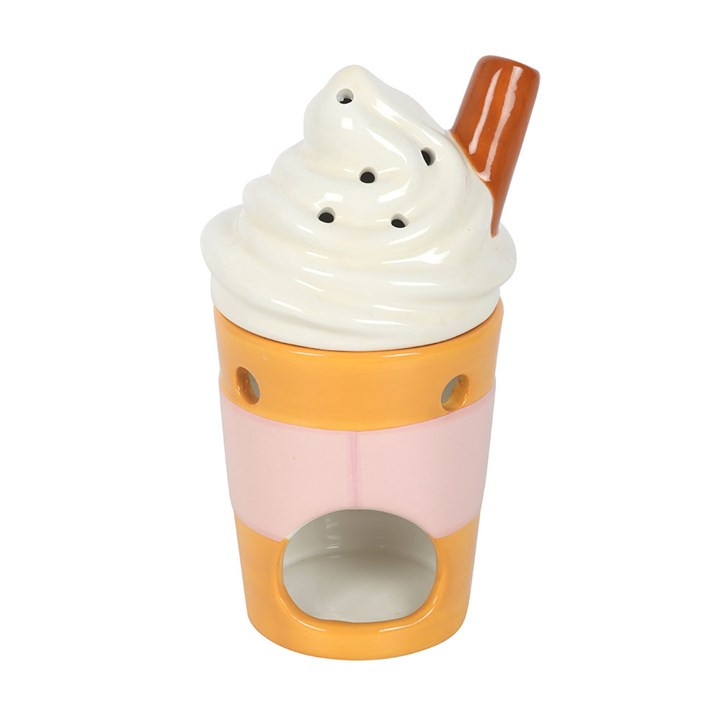 Spiced latte shaped wax melter and oil burner with a whipped cream shaped lid and cinnamon stick detailing. Reverse view.