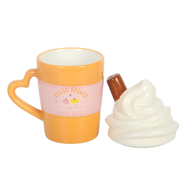 Fresh brewed pumpkin spiced latte mug with whipped cream shaped lid and cinnamon stick embellishment.