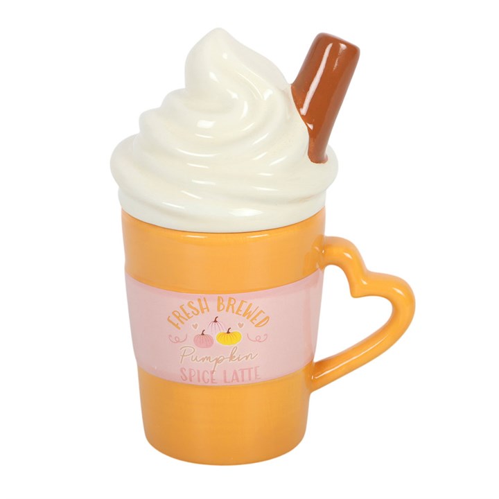 Fresh brewed pumpkin spiced latte mug with whipped cream shaped lid and cinnamon stick embellishment.