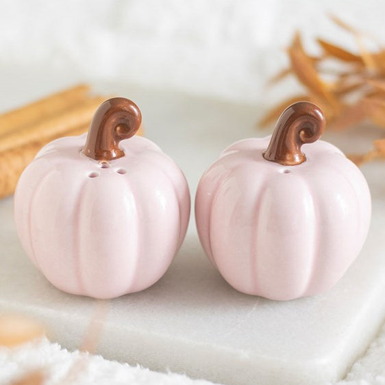 Pink ceramic curled stalk pumpkin salt and pepper shaker set.
