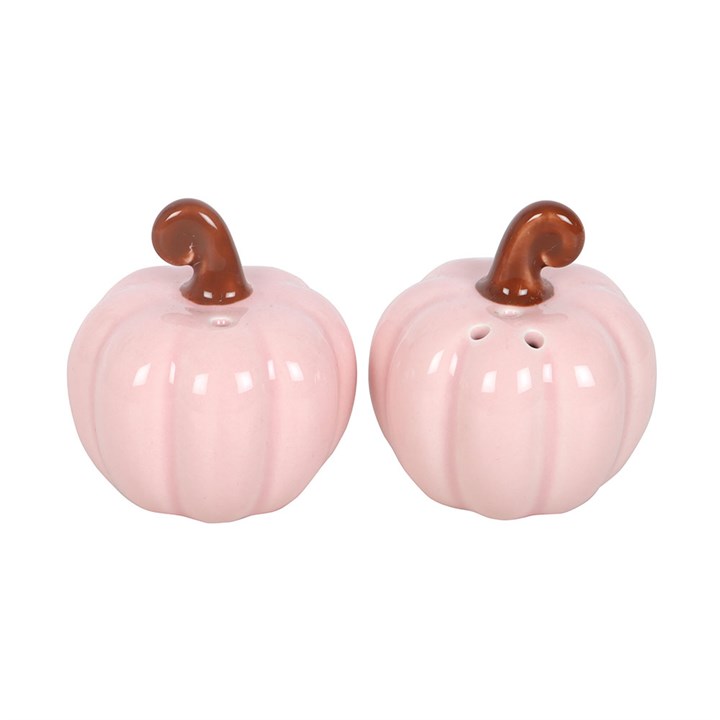Pink ceramic curled stalk pumpkin salt and pepper shaker set.