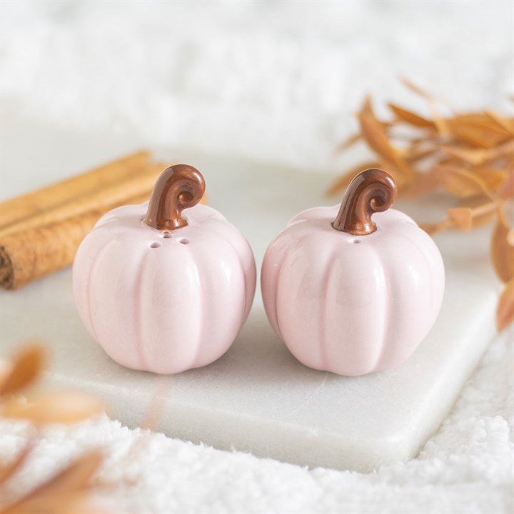 Pink ceramic curled stalk pumpkin salt and pepper shaker set.