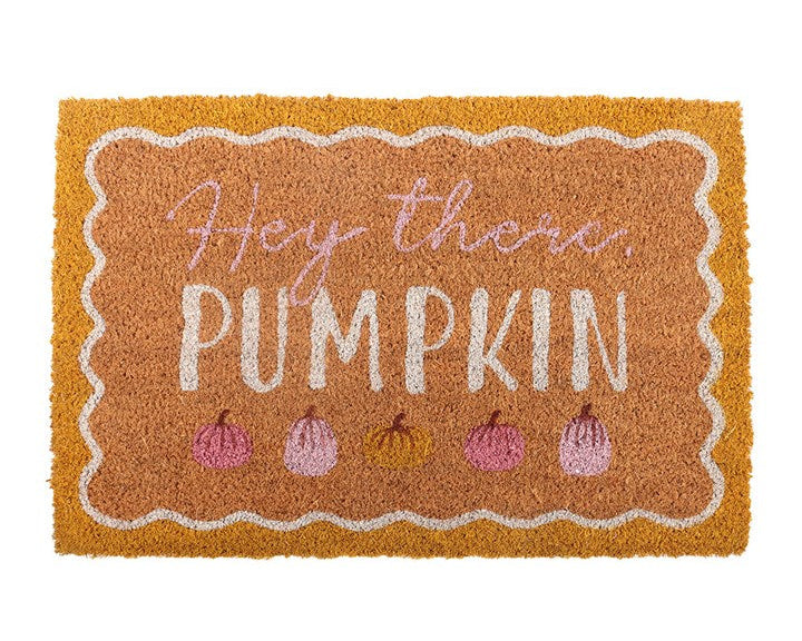 Decorative natural doormat with a display of colourful pumpkins, a scalloped border and 'Hey There Pumpkin' text.