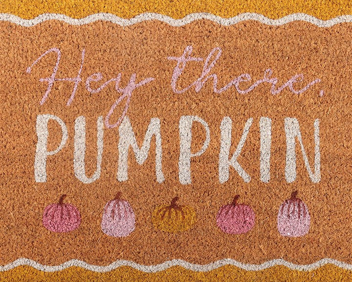 Decorative natural doormat with a display of colourful pumpkins, a scalloped border and 'Hey There Pumpkin' text.