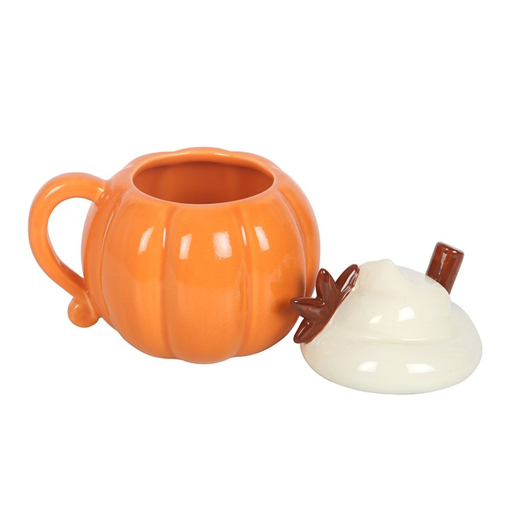 Pumpkin shaped mug with a whipped cream shaped lid, finished with cinnamon embellishment.