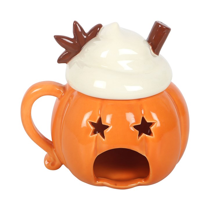 Ceramic wax melter and oil burner shaped like a pumpkin-shaped mug with a whipped cream and cinnamon shaped lid. Reverse view.
