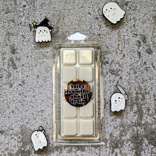 Tales from the Ghost Train coconut wax melt. White wax melt snap bar with white shimmer accents. 