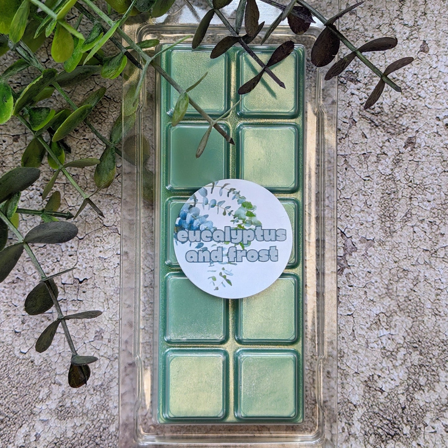 Eucalyptus and Frost coconut wax melt. Deep green snap bar with silver shimmer accents.