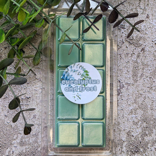 Eucalyptus and Frost coconut wax melt. Deep green snap bar with silver shimmer accents.