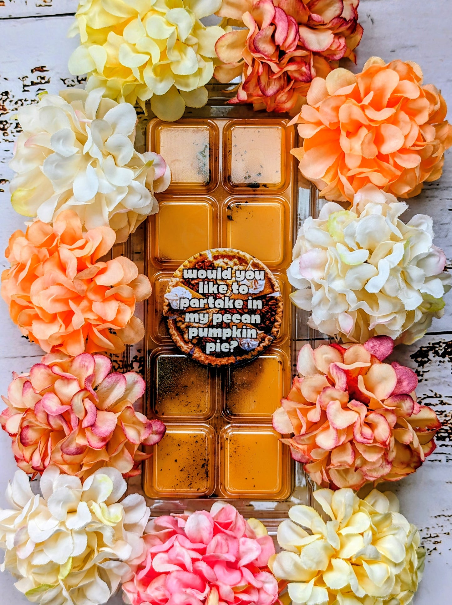 Would You Like To Partake In My Pecan Pumpkin Pie coconut wax melt. Burnt orange snap bar with bronze shimmer accents. 