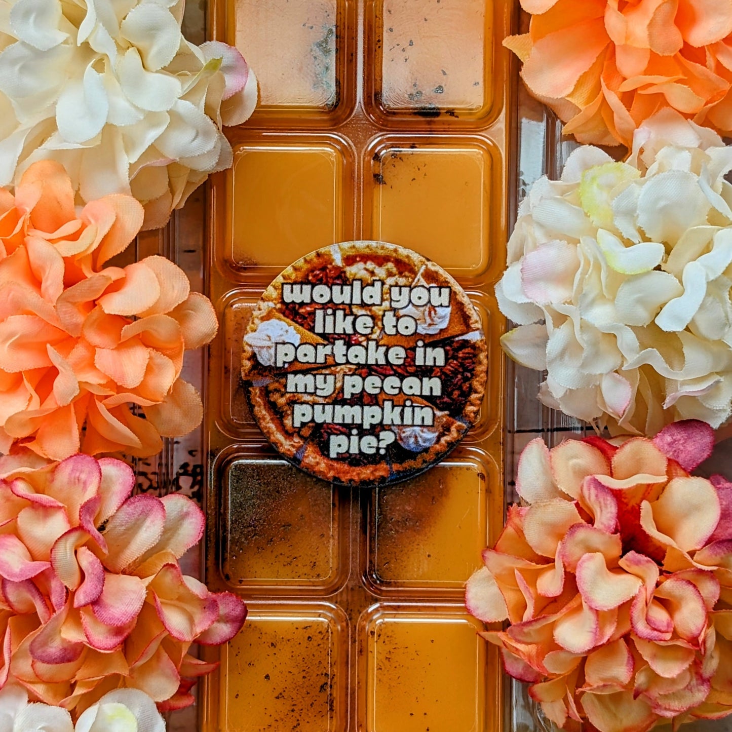 Would You Like To Partake In My Pecan Pumpkin Pie coconut wax melt. Burnt orange snap bar with bronze shimmer accents. 