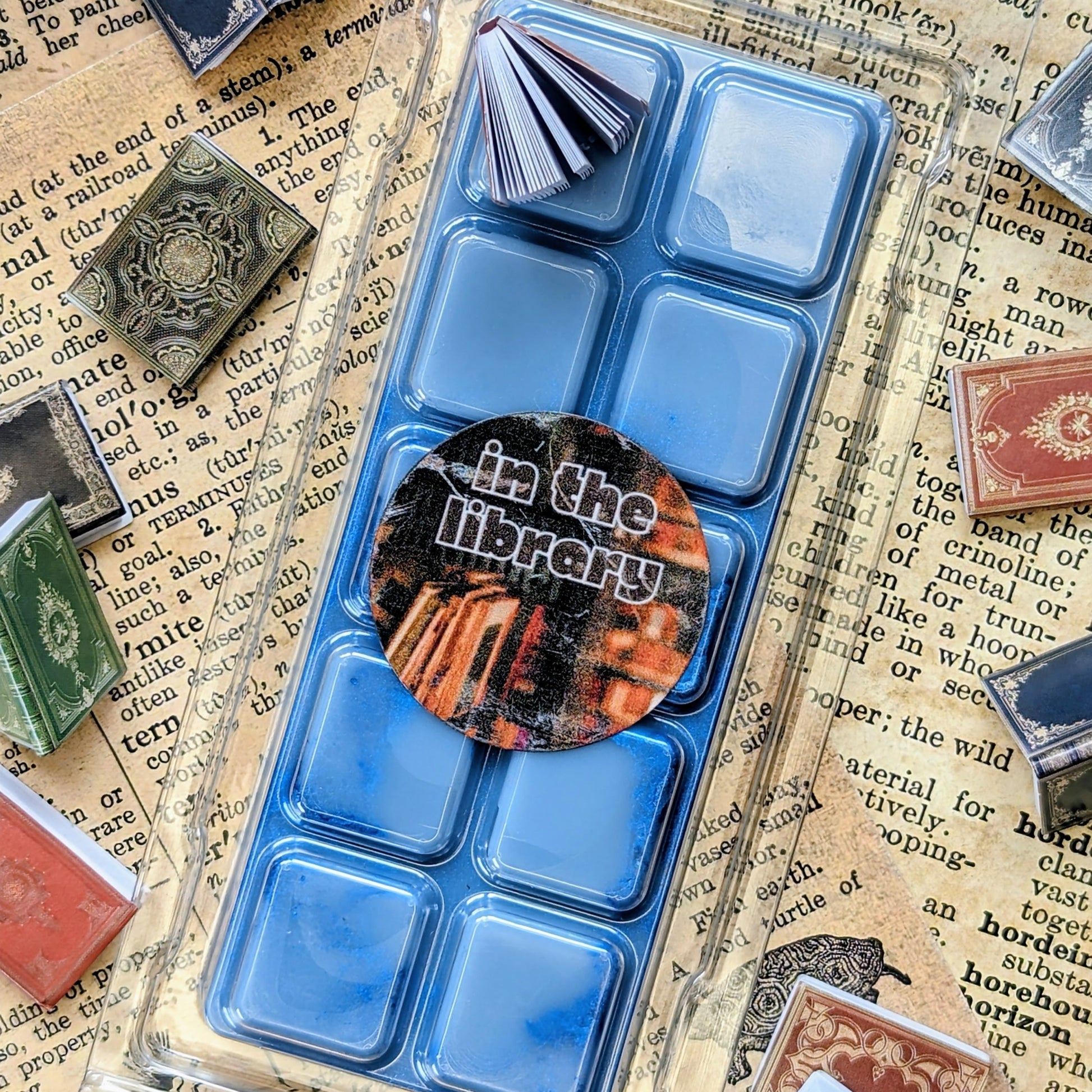 In The Library coconut wax melt. Blue snap bar with dark blue shimmer accents.