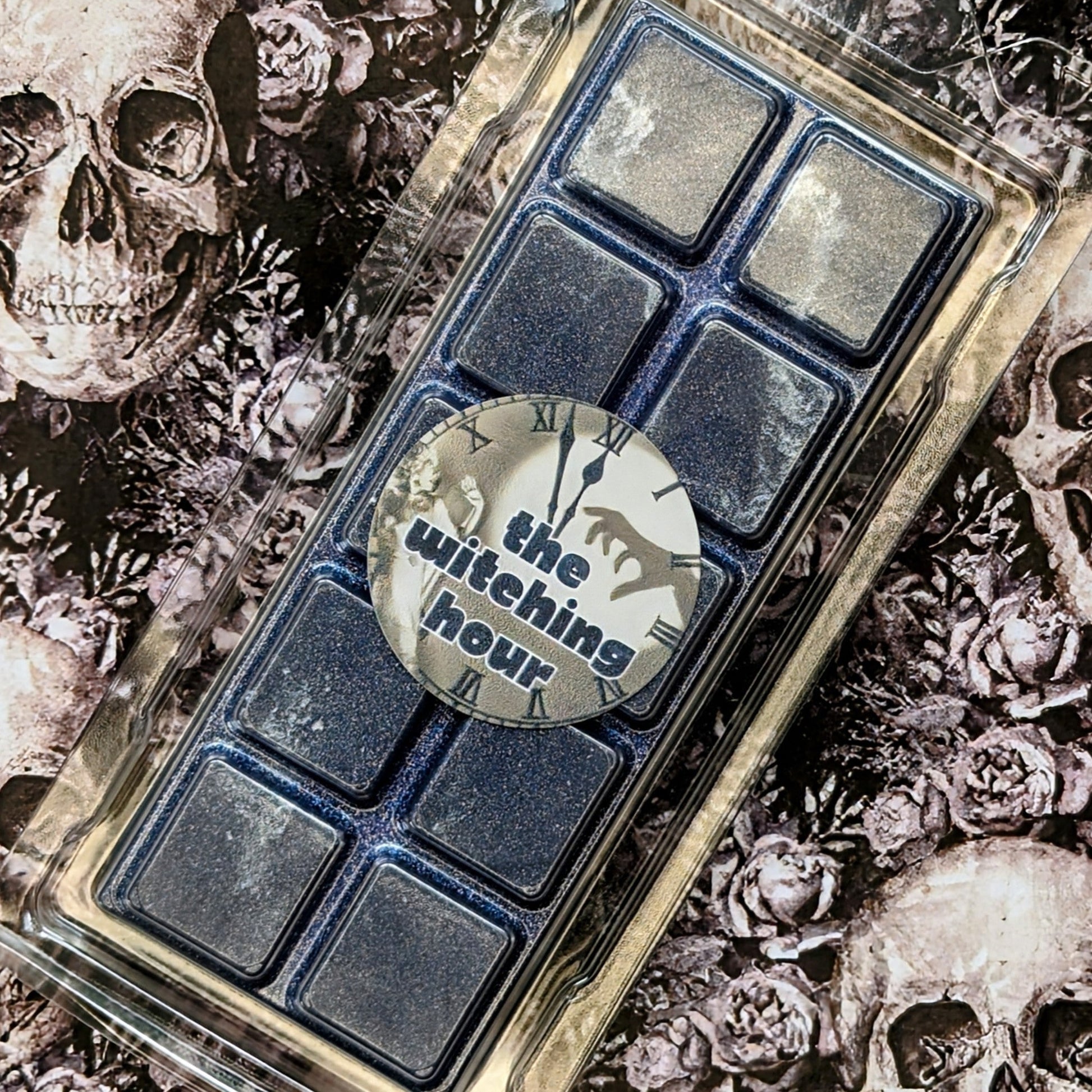 The Witching Hour coconut wax melt. Midnight blue snap bar with silver shimmer accents.
