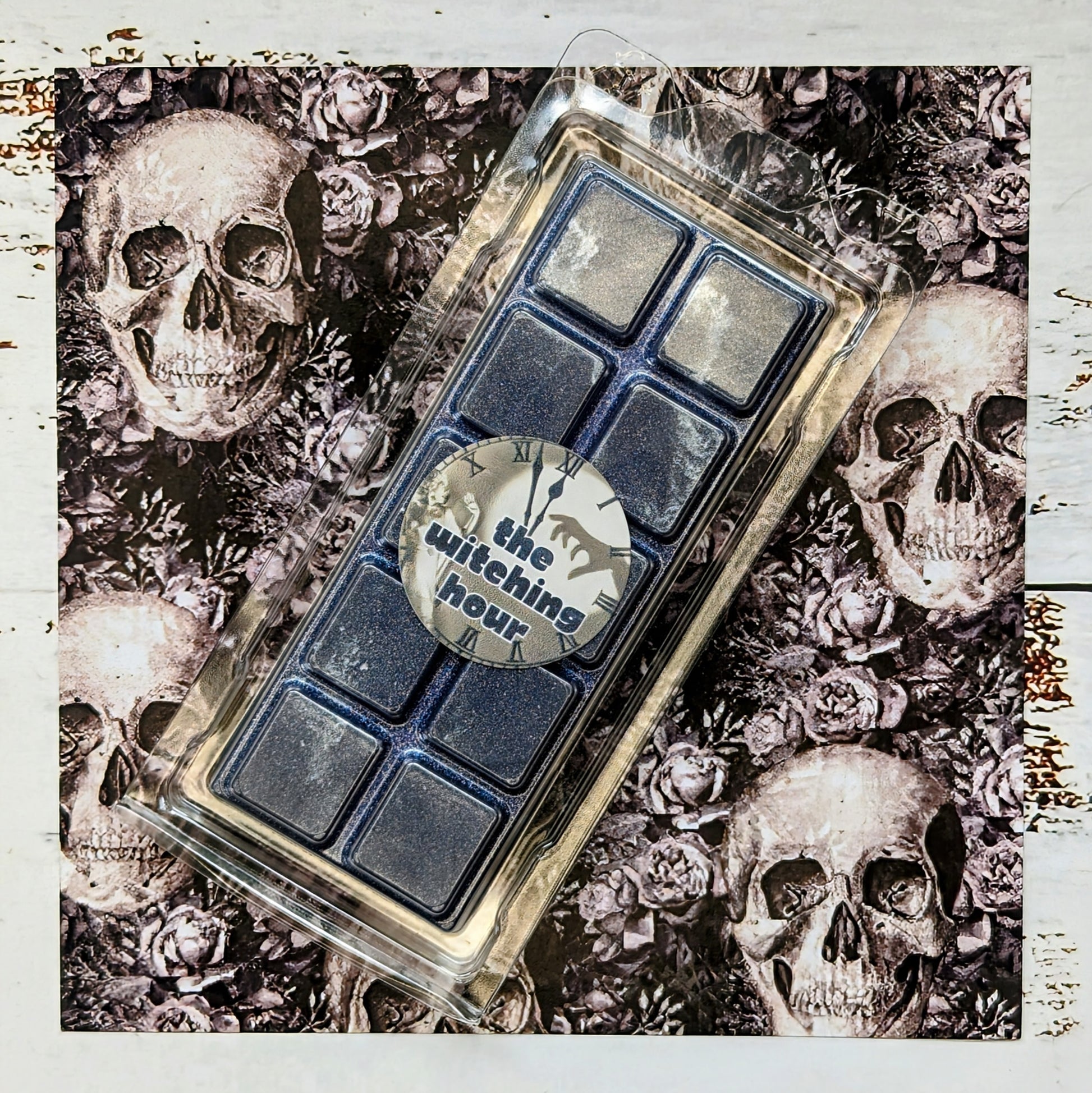 The Witching Hour coconut wax melt. Midnight blue snap bar with silver shimmer accents.