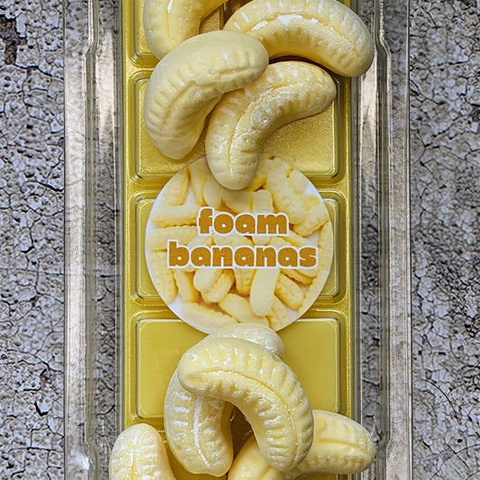 Foam Bananas coconut wax melt. Yellow snap bar with bright yellow shimmer accent. 