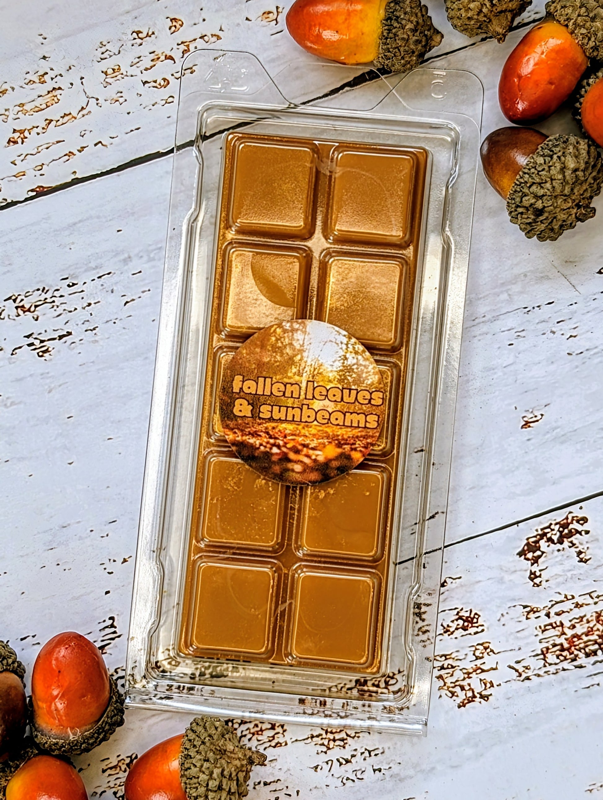 Fallen Leaves & Sunbeams coconut wax melt. Dark brown snap bar with gold shimmer accents.