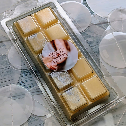 Soap Suds coconut wax melt. Beige snap bar with silver shimmer accents. 