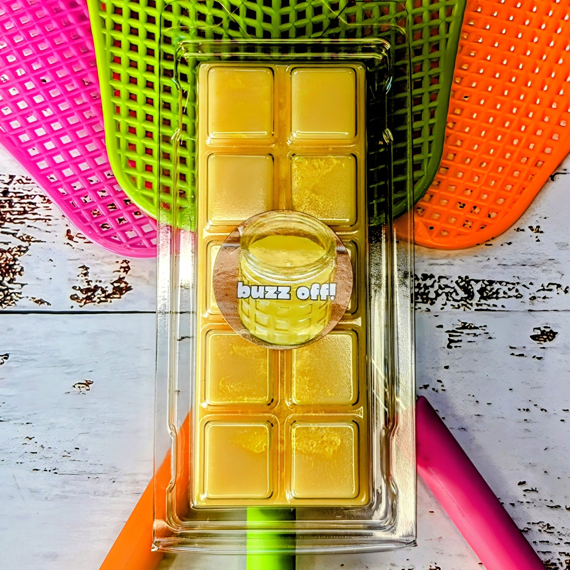 Buzz Off! coconut wax melt. Bright yellow snap bar with fluorescent yellow shimmer accents. 