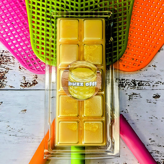Buzz Off! coconut wax melt. Bright yellow snap bar with fluorescent yellow shimmer accents. 