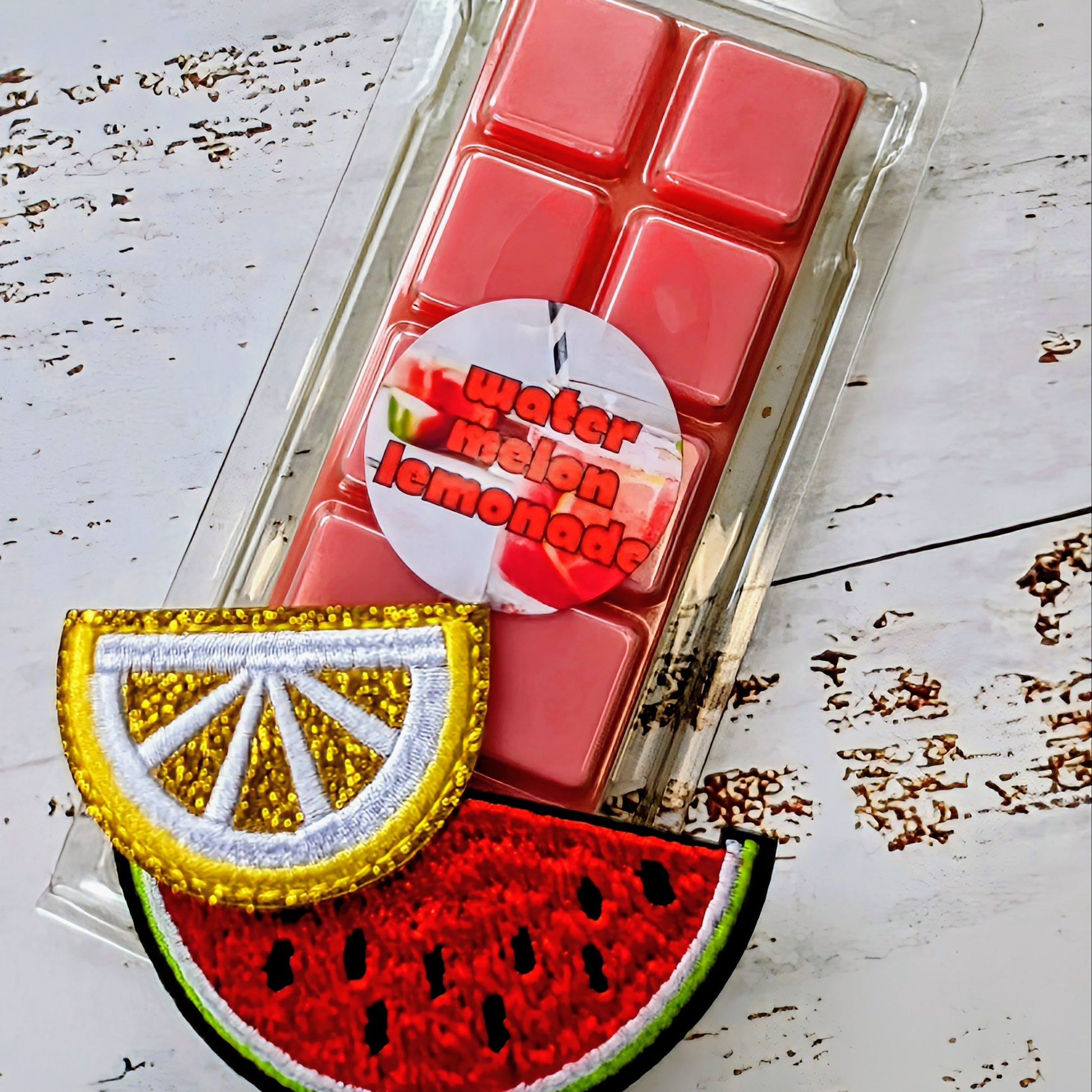 Watermelon Lemonade coconut wax melt. Red, green and white snap bar.