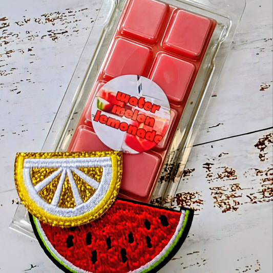 Watermelon Lemonade coconut wax melt. Red, green and white snap bar.