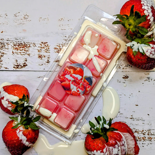 Strawberries and cream coconut wax melt. Light pink snap bar with pink shimmer accents. 