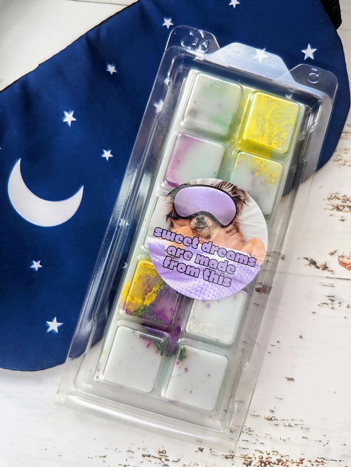 Sweet Dreams Are Made From This coconut wax melt. Light blue snap bar with purple, green and yellow shimmer accents.