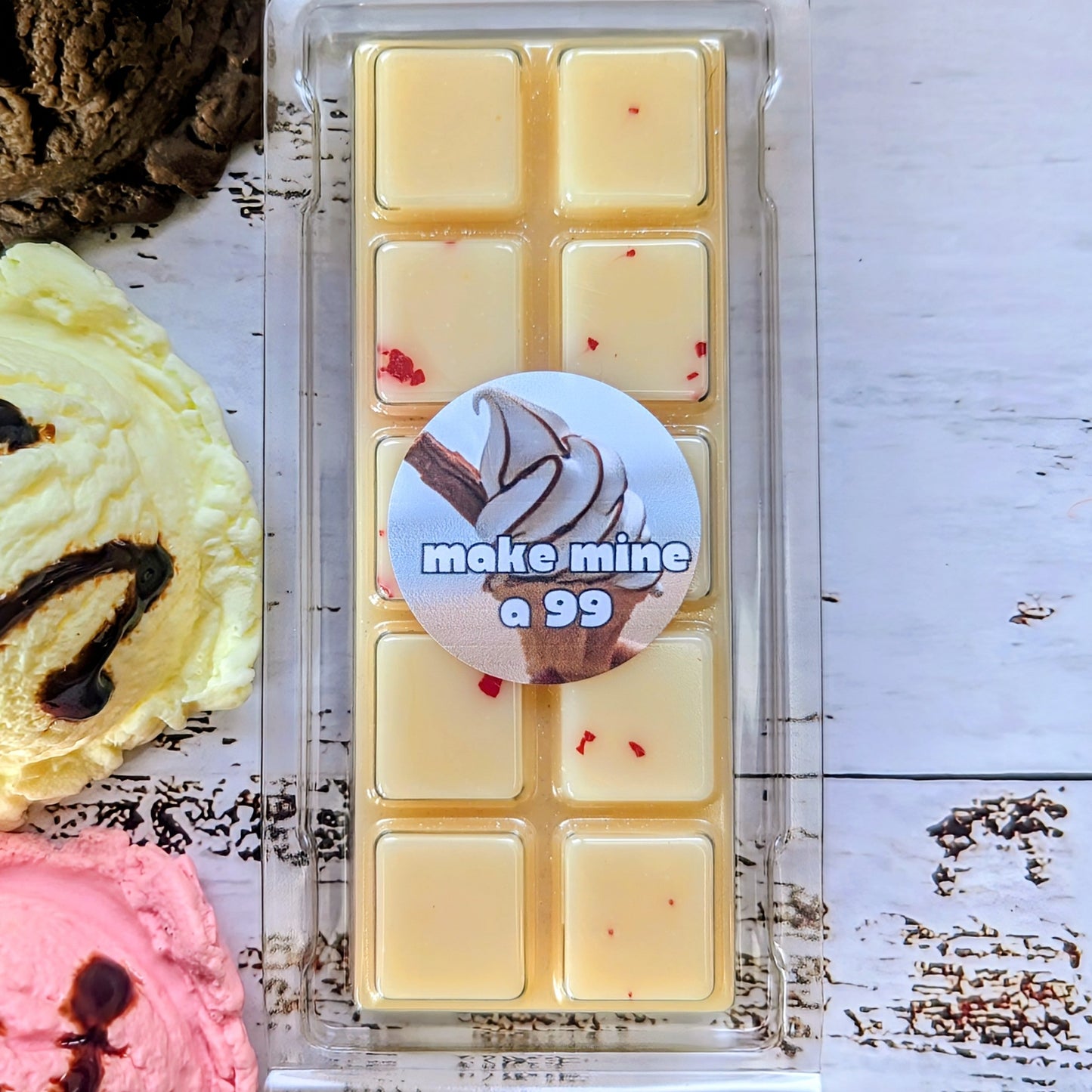 Make Mine A 99 coconut wax melt. Cream snap bar with raspberry accents. 
