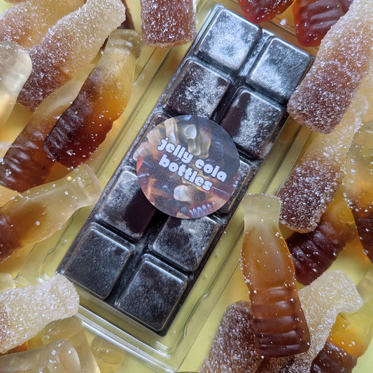 Jelly Cola Bottles coconut wax melt. Dark brown snap bar with silver shimmer accent.