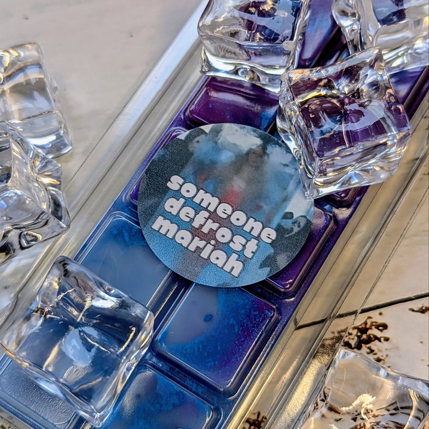 Someone Defrost Mariah coconut wax melt. Blue and purple ombre snap bar with shimmer accents. 