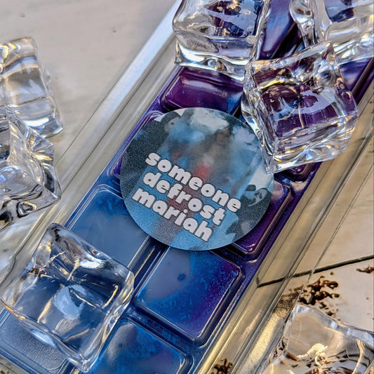 Someone Defrost Mariah coconut wax melt. Blue and purple ombre snap bar with shimmer accents. 