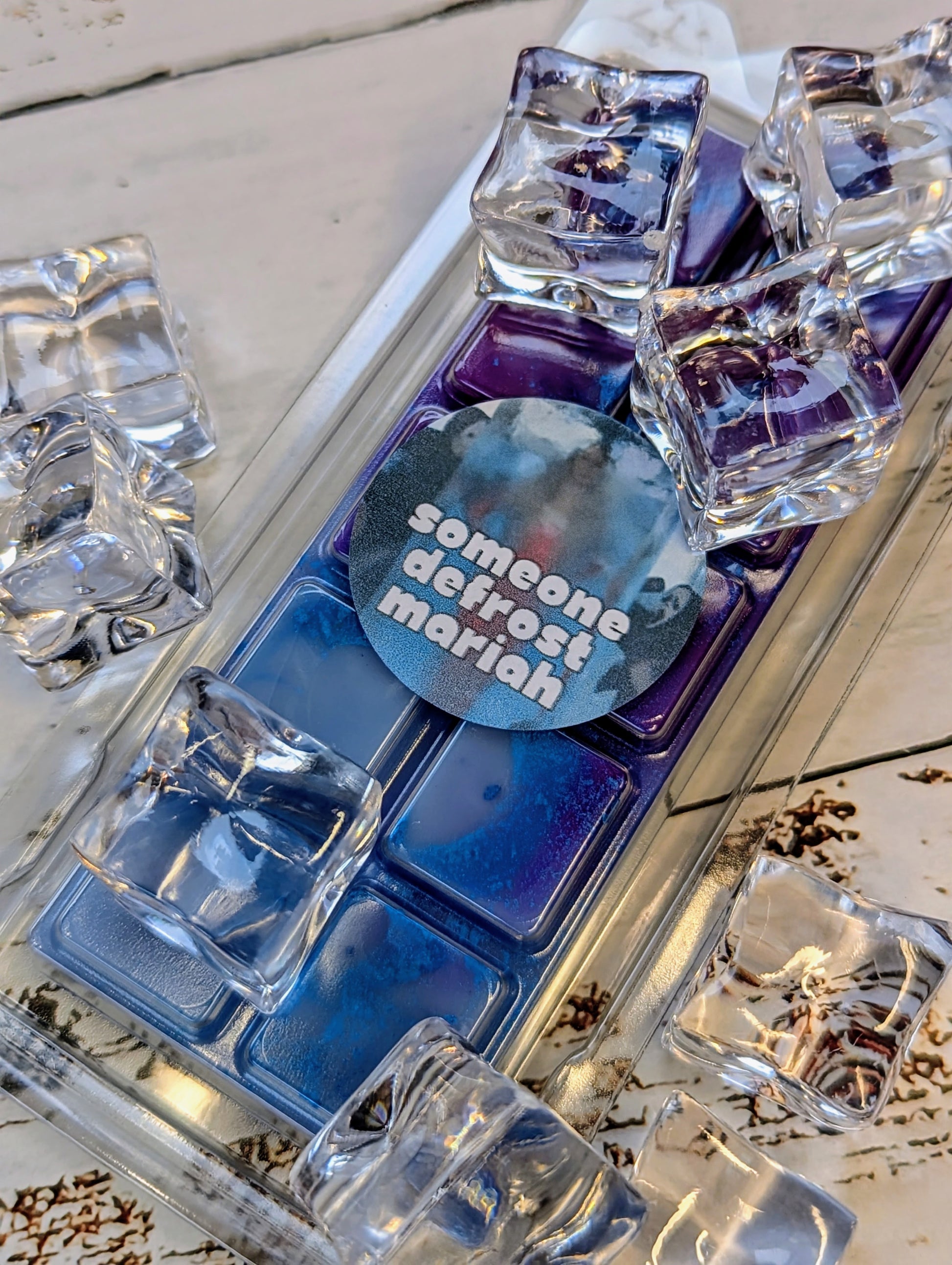Someone Defrost Mariah coconut wax melt. Blue and purple ombre snap bar with shimmer accents. 