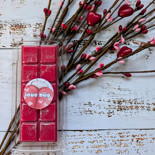 Love Bug coconut wax melt. Deep pink snap bar with silver shimmer accents.