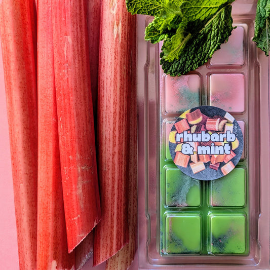 Rhubarb and Mint coconut wax melt. Pink and green ombre snap bar with dark green and pink shimmer accents. 
