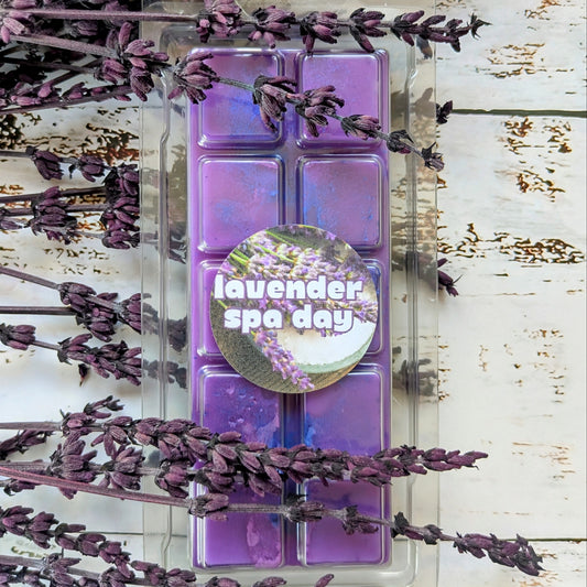 Lavender Spa Day coconut wax melt. Purple snap bar with deep purple and blue shimmer accents.