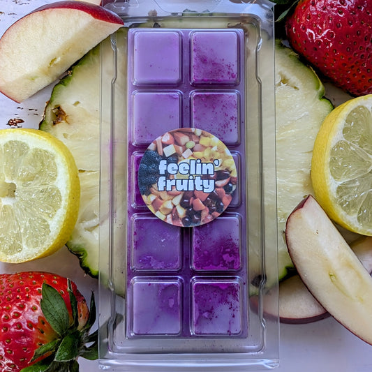 Feelin' Fruity coconut wax melt. Light purple snap bar with deep purple shimmer accents. 