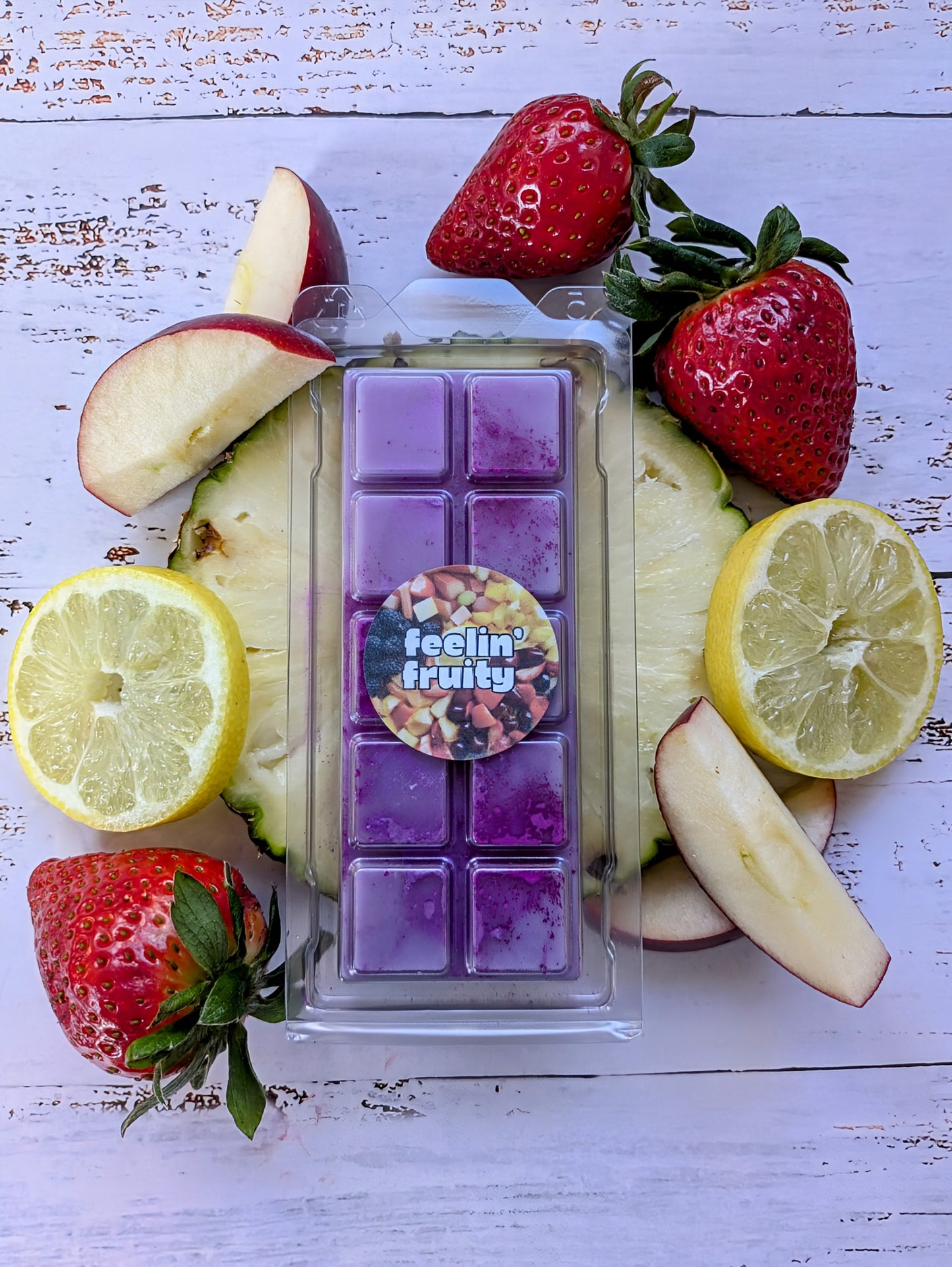 Feelin' Fruity coconut wax melt. Light purple snap bar with deep purple shimmer accents. 