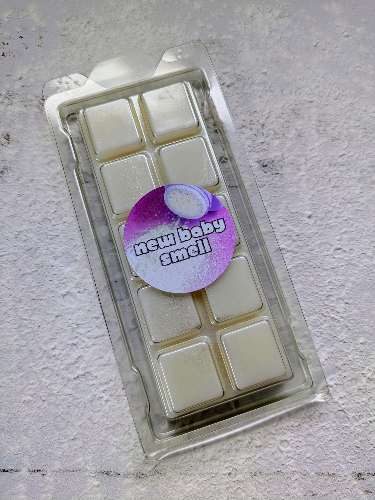 New Baby coconut wax melt. White snap bar shimmer accents.