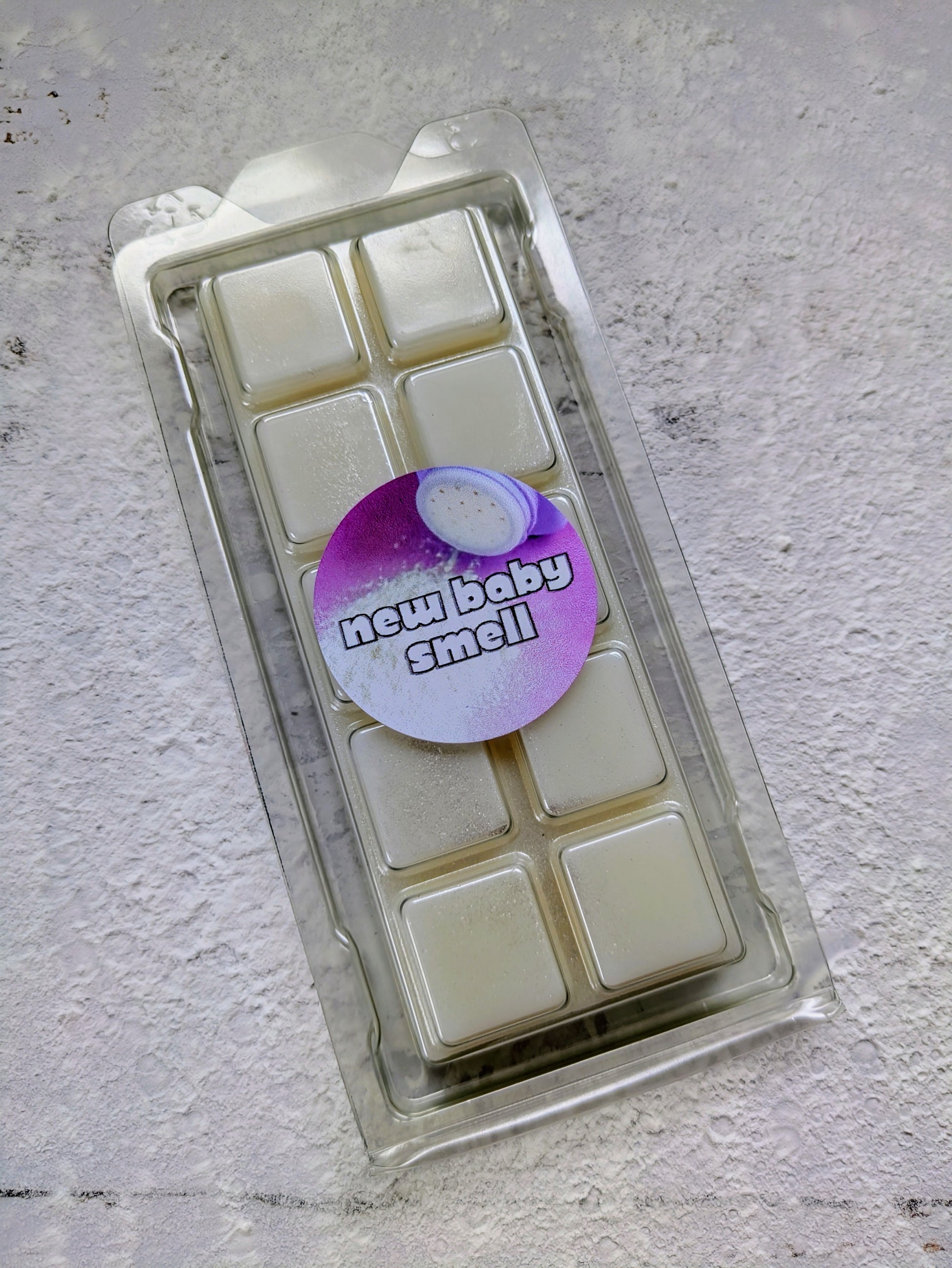 New Baby coconut wax melt. White snap bar shimmer accents.
