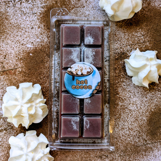 Hot Cocoa coconut wax melt. Dark brown snap bar with silver shimmer accents.