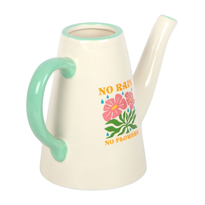 White ceramic flower vase shaped like a long-spouted watering can with contrasting light blue handle and charming No Rain, No Flowers text. 