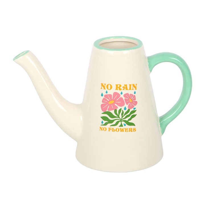 White ceramic flower vase shaped like a long-spouted watering can with contrasting light blue handle and charming No Rain, No Flowers text. 