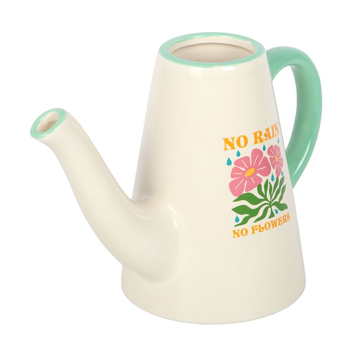 White ceramic flower vase shaped like a long-spouted watering can with contrasting light blue handle and charming No Rain, No Flowers text. 